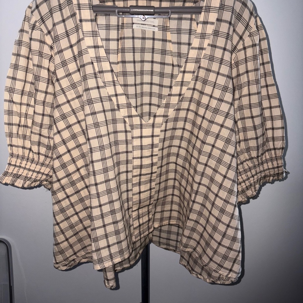 Urban Outfitters Cream Plaid V-Neck Blouse